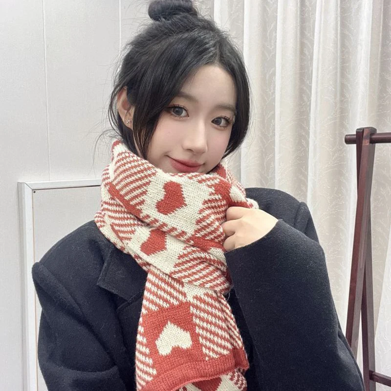 Korean Style Wool Knitted Scarf Women Long Scarf Love Heart Plaid Pattern Warm Thickened Scarf Women\'s Christmas New Year Gifts