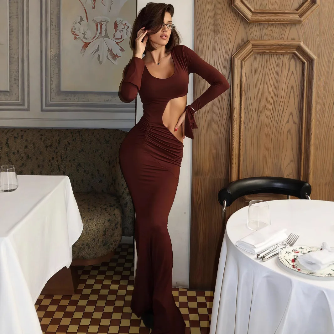 DSMTRC Unregelmäßige Braun Solide Chic Bodycon Herbst Flare Volle Hülse Schlank Cut Out Langes Kleid für Frauen Elegante Hohl Mode Robe