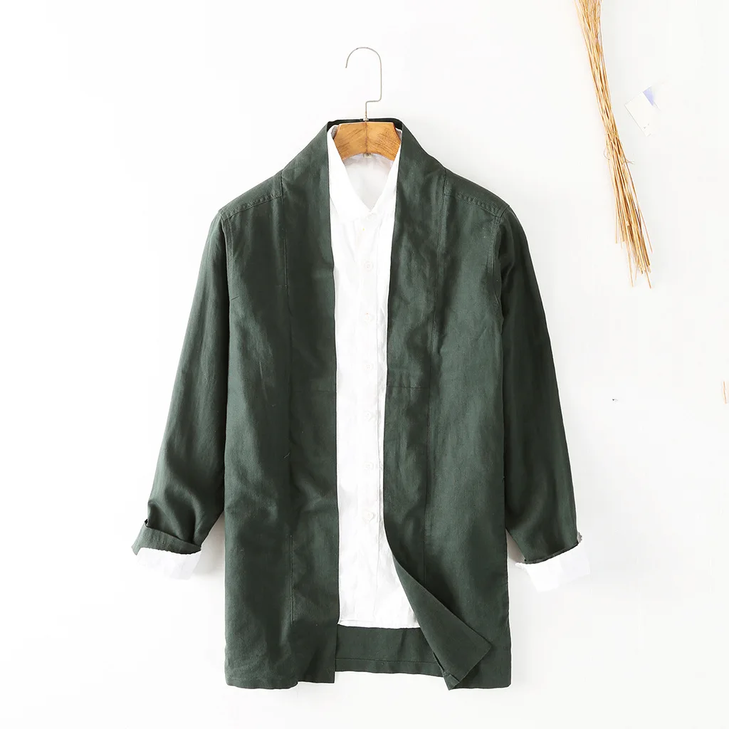 

Casual Loose Japanese Cotton Linen Shirt Men Retro Green Long Sleeve Tops Boys Open Stitch Summer Harajuku Shirt Oversized Xxl