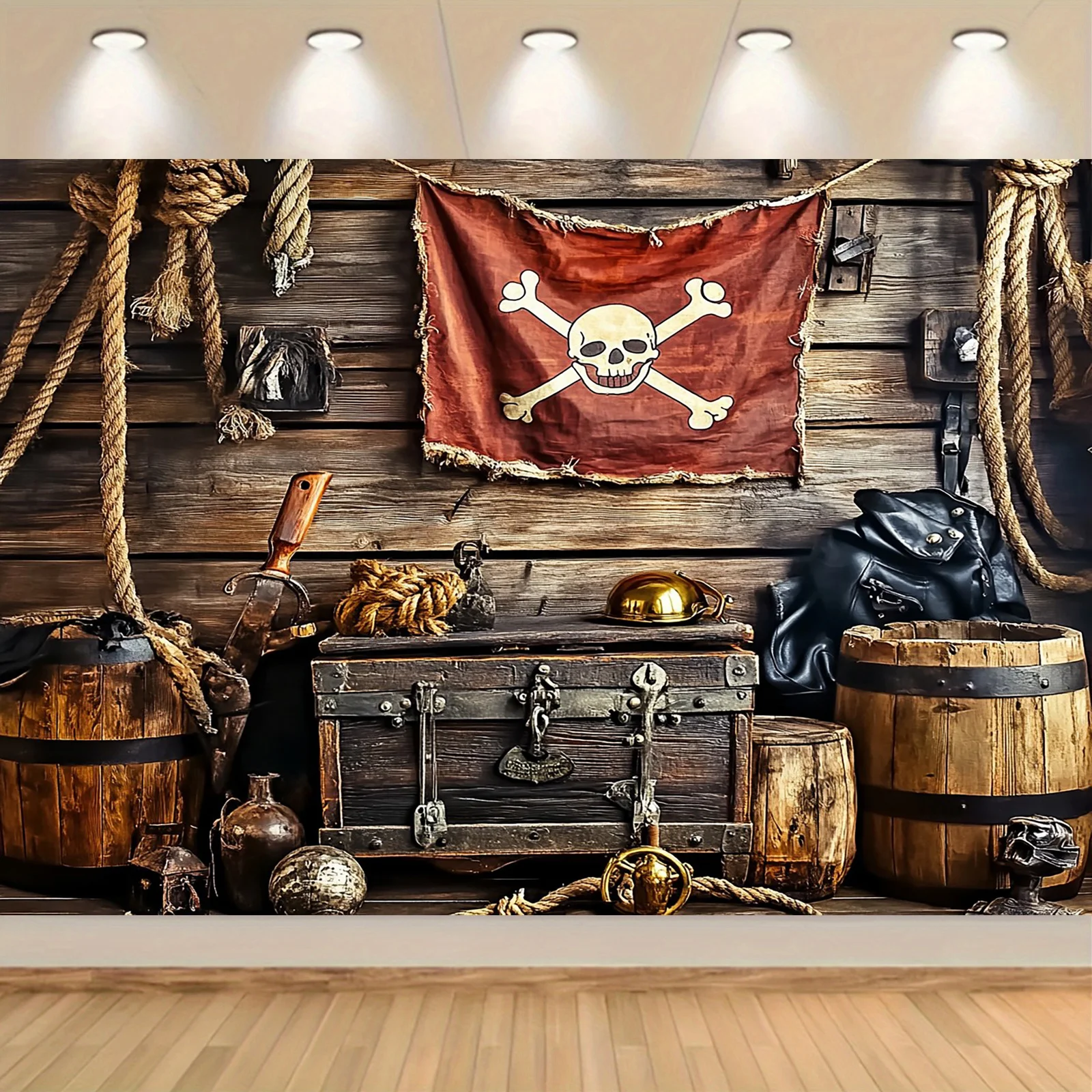 Eine Piratenschatzkarte mit einem marineblauen Totenkopf und einer Kreuzknochenflagge im Hintergrund, aus Mehrzweck-Polyester