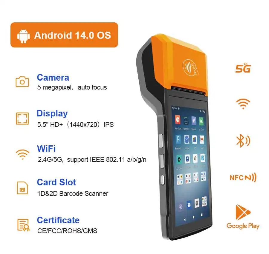 5.5 Inch Android 14 Touch Screen Mobile Handheld POS Terminal Cash Machine With NFC
