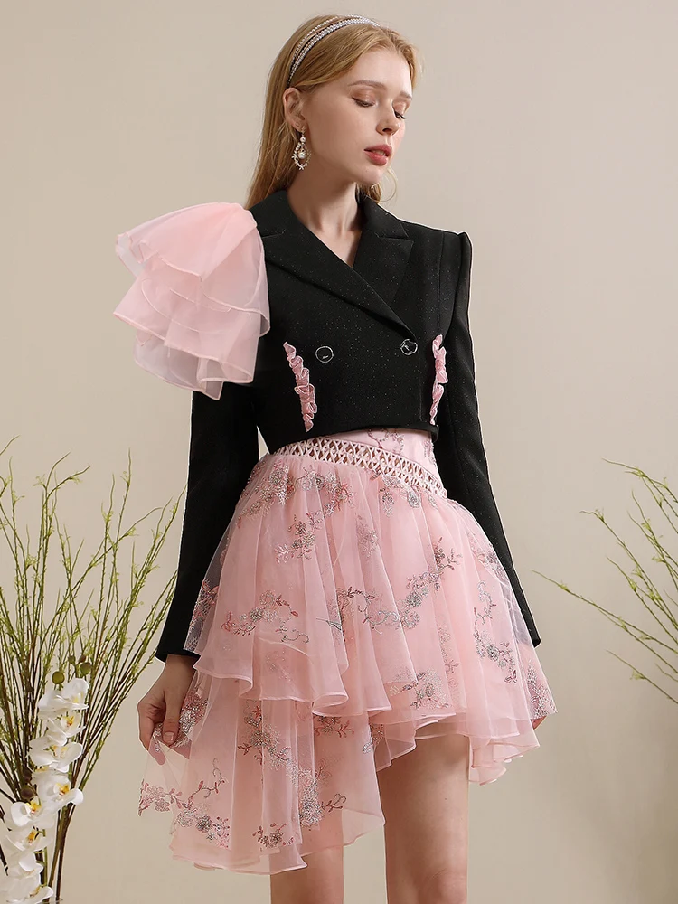 Designer Model French Suit Sweet Pink Dress Women Spring Summer Sequin Embroider Square Collar High Waist Irregular Midi Dress