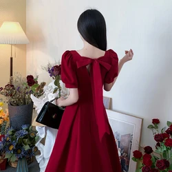 Backness Bow Festival Elegant Red Midi Dress Square Collar Short Sleeve Pleated Dresses For Women Summer Vestido Robe Clothing