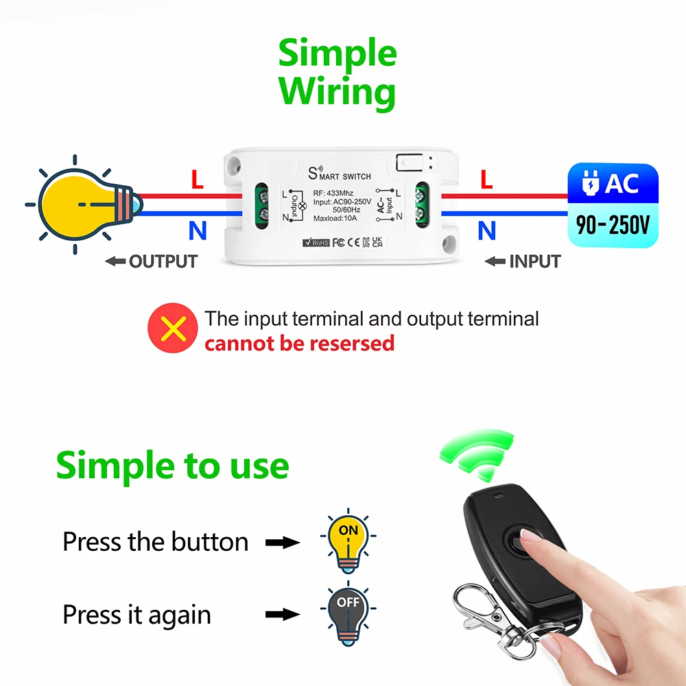 RF433MHz Wireless Remote Control Light Switch AC 110V 220V 10A Relay Receiver and Long Range Transmitter for Lamp Fan ON/OFF