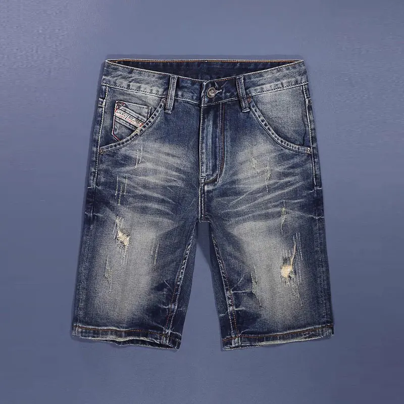 

Summer Fashion Men Jeans Retro Washed Blue Stretch Slim Fit Ripped Short Jeans Italian Style Vintage Designer Denim Shorts Men