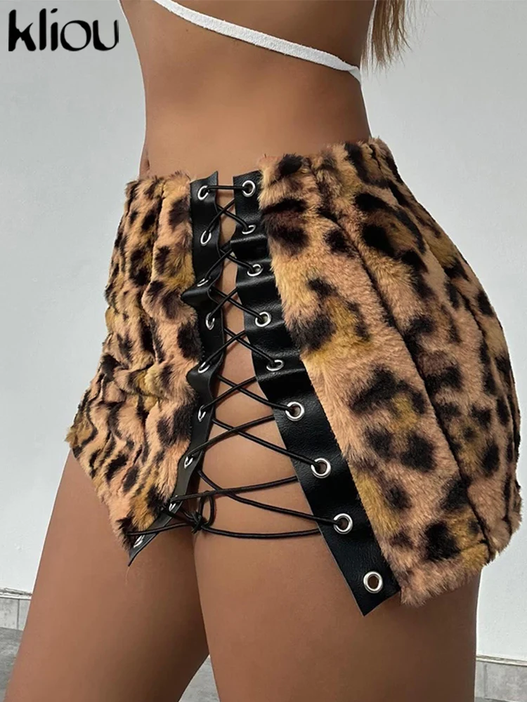 kliou Leopard Feather Mini Skirts Women Sexy Fashion Bandage Side Hollow Skinny Straight Bottom Female Attractive Party Clubwear