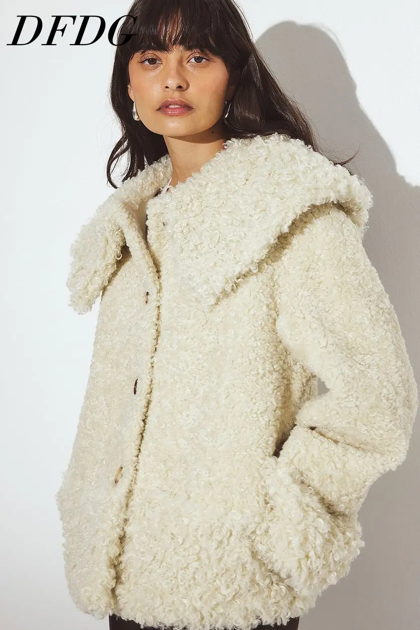 DFDG Women 2026 Teddy Curly Faux Fur Coat Oversized Big Lapel Button Down Jacket Warm Winter Loose Fit Casual Outerwear Coat