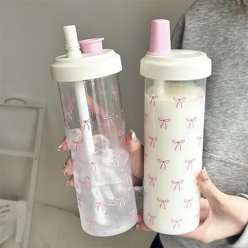 

500/850ML Pink Bow Straw Water Bottle With Lid Cute Coffee Bubble Milk Tea Plastic Cup For Outdoor School Drinking Water Bottles