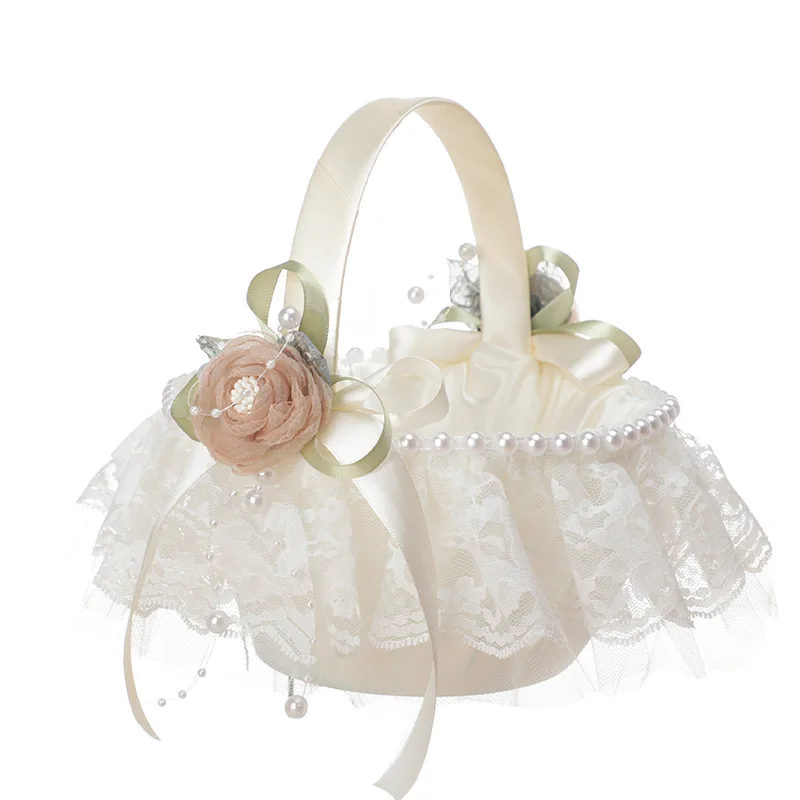 

ZML pearl bow flower decoration lace small flower basket wedding sprinkler portable flower basket