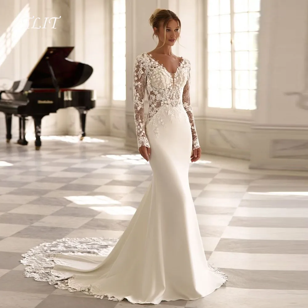 TLIT Modernes Satin-Meerjungfrau-Hochzeitskleid für Damen 2026 mit langen Ärmeln, hohem Schlitz, Perlenstickerei, V-Ausschnitt, Brautkleid, Vestido De Noiva, maßgeschneidert