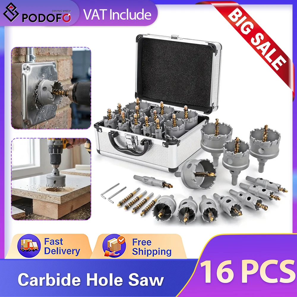 Podofo 16-teiliges TCT-Lochsägen-Bohrerset 16-57 mm, Hartmetallbestückte Lochsäge, 12 verschiedene Größen, Hochleistungs-Metallkernbohrer für Edelstahl, Eisen, Kupfer, mit Aufbewahrungsbox, hohe