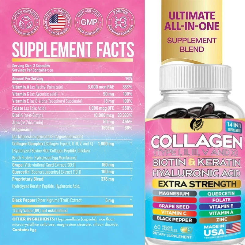 Collageenpeptide Supplement met Microgram Biotine Hyaluronzuur Zink Druivenpitten Quercetin Vitamine een Magnesium Folizuur