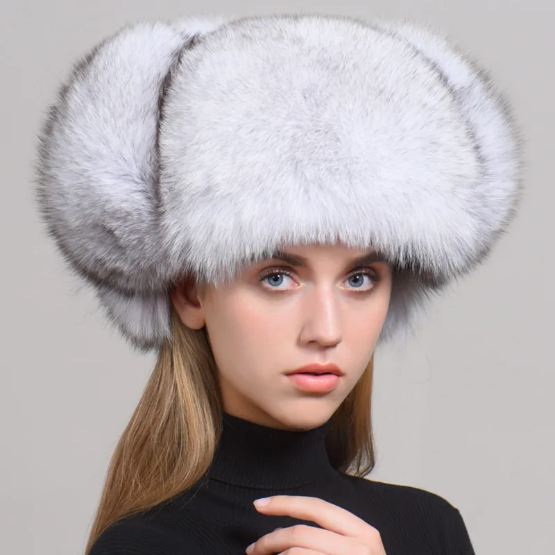 Fox Fur Hat For Women Winter Full Fur Lei Feng Hat Female Ear Protection Thickened Warm Skiing Caps Natural Fox Fur Bomber Hat