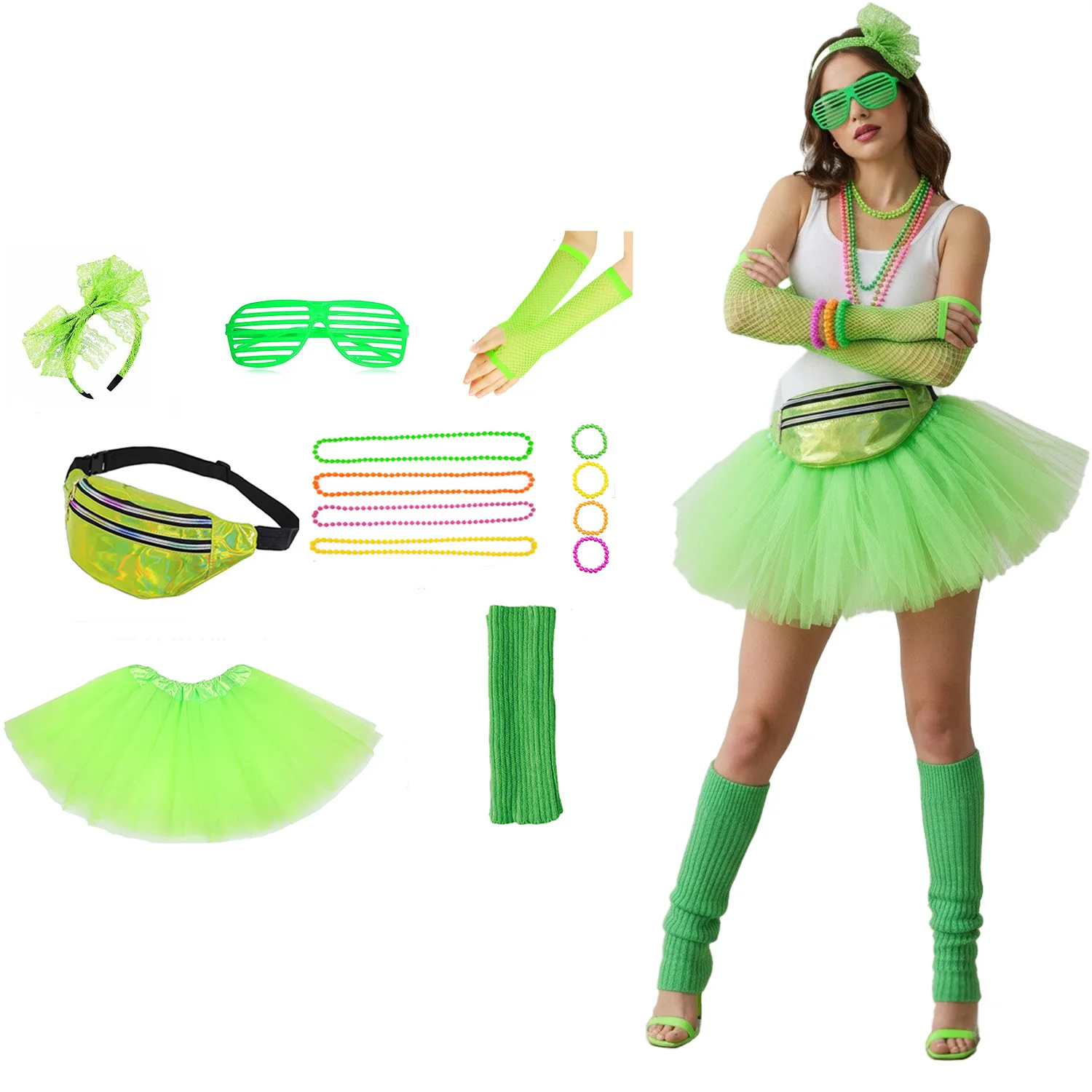 PESENAR accessori per vestire da donna, ginocchiere verdi anni '80, gonna in garza, marsupio, guanti e altri 9 pezzi