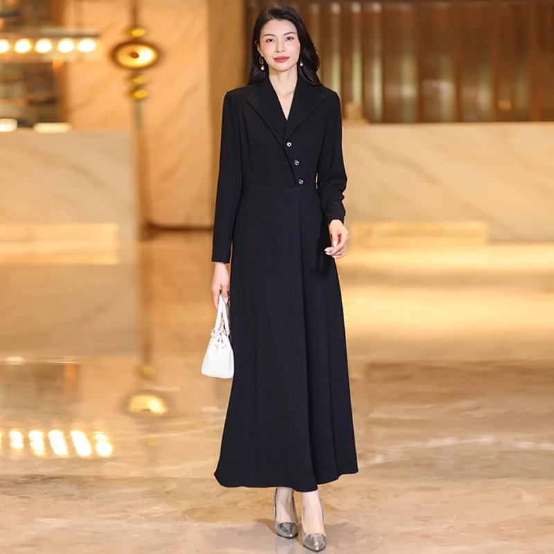 

New Women Simplicity Classic Black Dress Autumn Fashion Turn-down Collar Long Sleeve High Waist Dress Elegant Long Dress Female