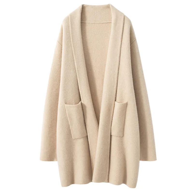 2024 Autumn Winter New 100% Cashmere Cardigan Knitted Sweater Women Loose Large Size Cardigans Female Solid Thicken Warm Jacket