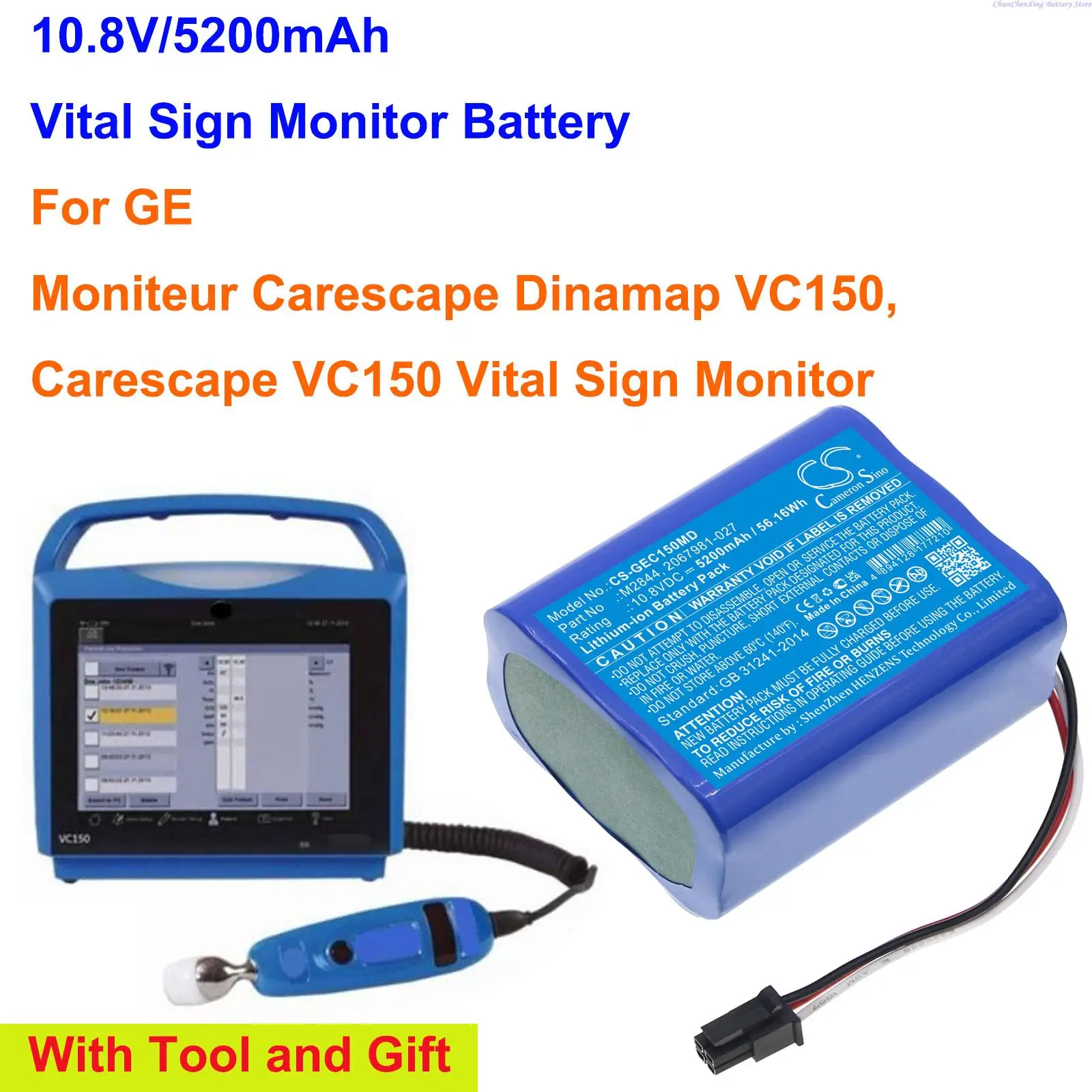 

10.8V 5200mAh Medical Battery M2844,4M00441A,5835030,110836-O,5923790 for GE Moniteur Moniteur Carescape Dinamap VC150 +TOOL