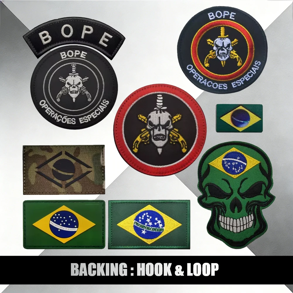 

Brazilian BOPE Tactical Embroidered Patches - Special Operations Skeleton 3D PVC Patches Dagger Skull Design Brazil Flag Patches