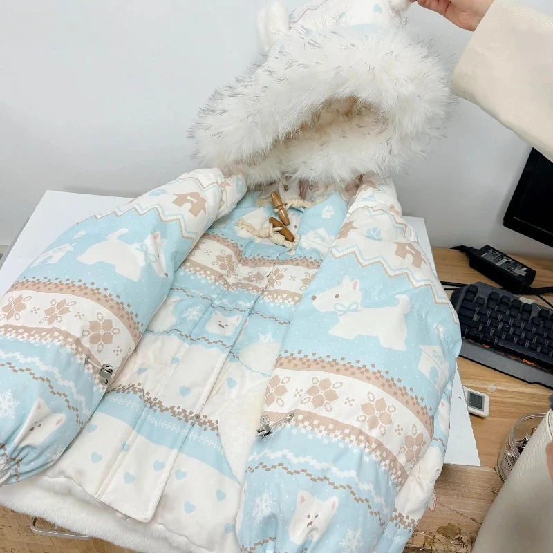 الحلو لوليتا أعلى لطيف الكرتون طباعة الفراء طوق آذان الدب مقنعين سترة فضفاضة تنوعا معطف الحراري الخريف الشتاء النساء #2