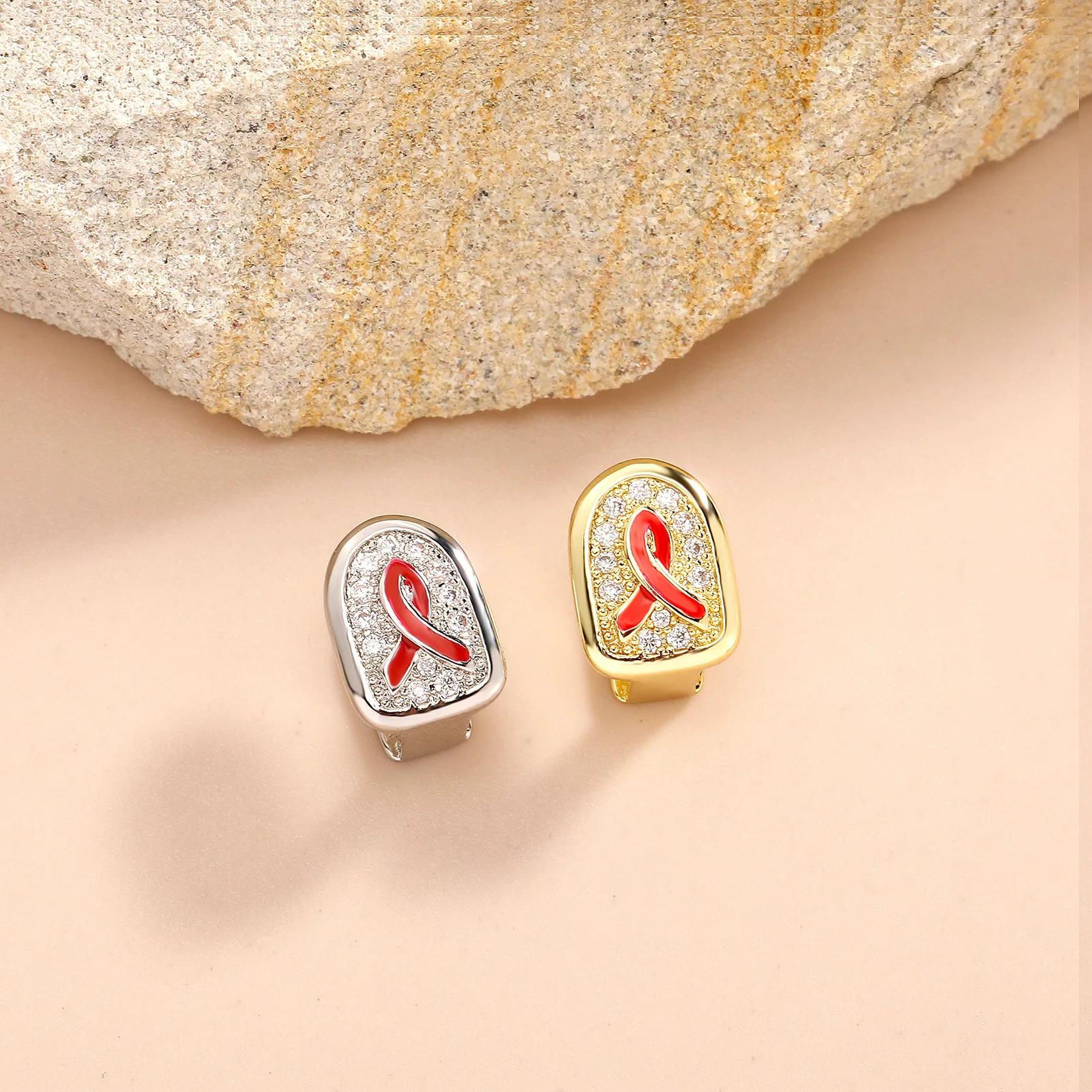Red Enamel Ribbon Single Tooth Grillz Full Iced CZ Hip Hop Singer Trendy Tooth Jewelry Men Women Party Cosplay Decor Wholesale
