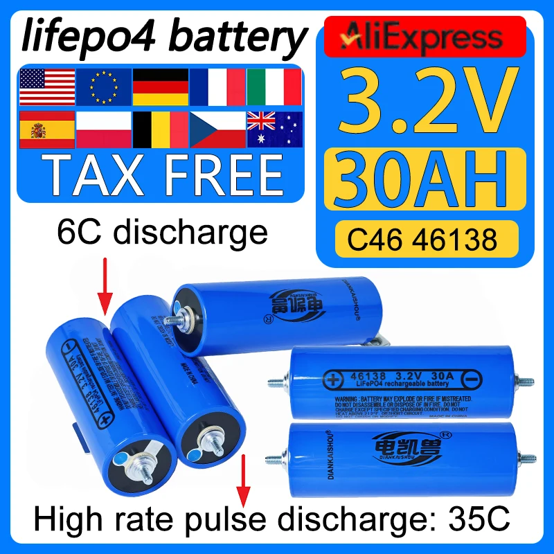 

1-16 шт. Новые аккумуляторные элементы LiFePO4 класса А, 3.2В 30Ач, типоразмер 46138, для модификации 12В 24В 48В мотоциклетных и автомобильных аккумуляторов