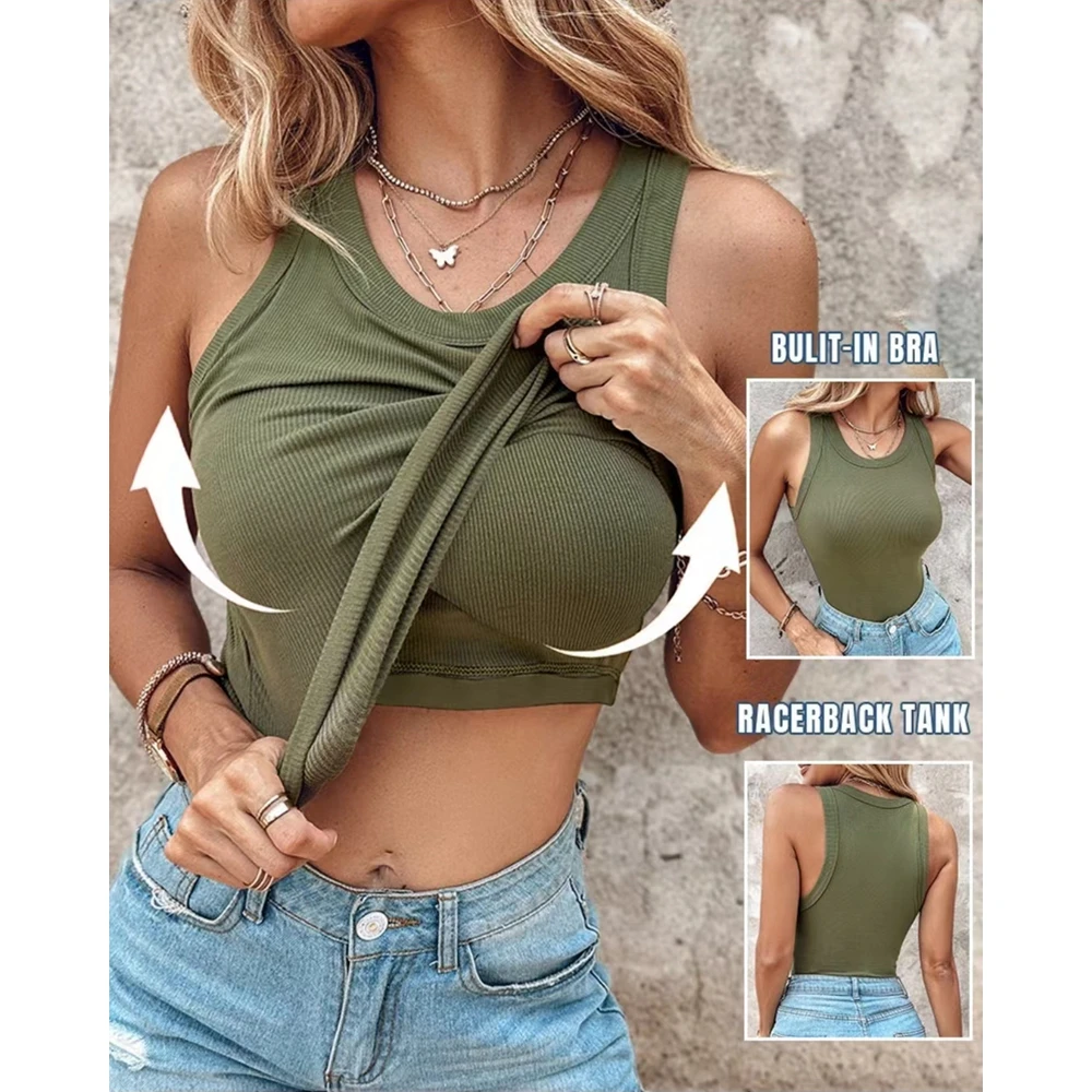 

Summer Round Neck Ribbed Tank Top With Bra Pads Fashion Sexy Femme Casual Sleeveless Top Solid Slim Fit T Shirt Streetwear Y2k