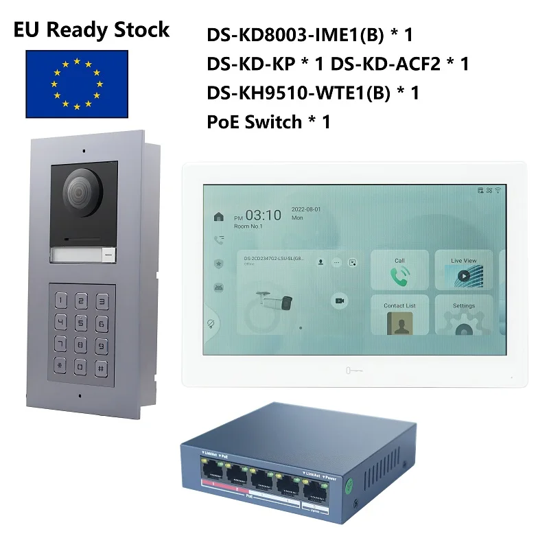 HIK-KIT de intercomunicador de vídeo 802.3af POE, multilenguaje, Incluye interruptor DS-KD8003-IME1(B), DS-KH9510-WTE1(B) y PoE