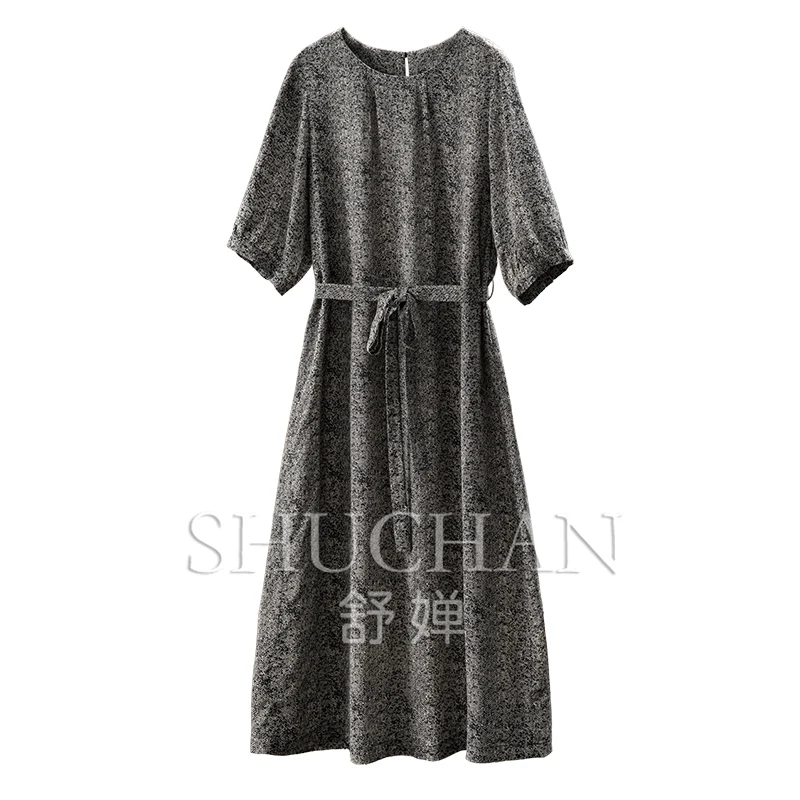 

2025 Elegant temperament, French G retro line print 100 silk crew neck short-sleeved dress women's 1Y95