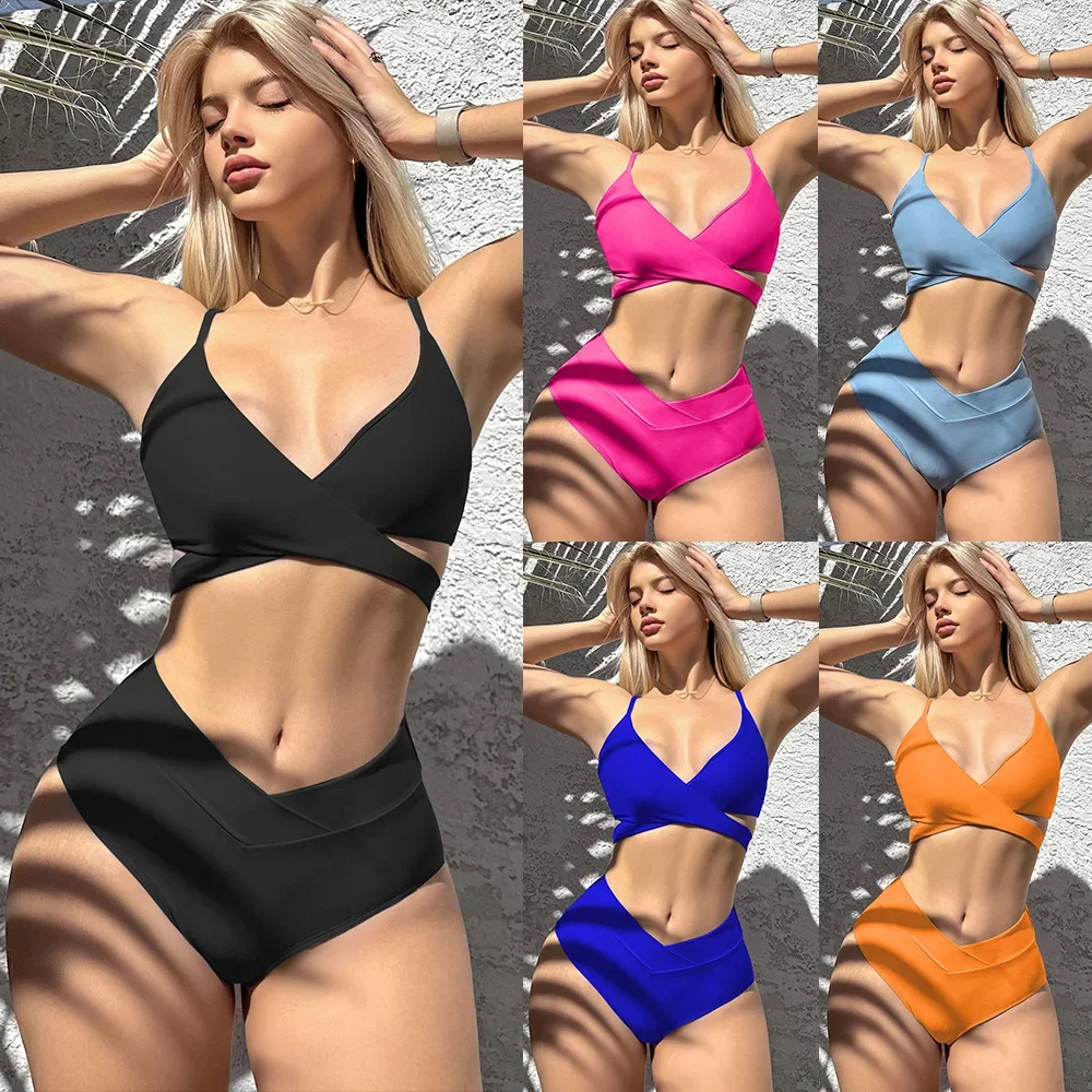 

2023 New Bikini Solid Two Piece Sets for Women's Swimsuit Strap Comfortable Fabric Split Black Swimwear Stylish and Innovative