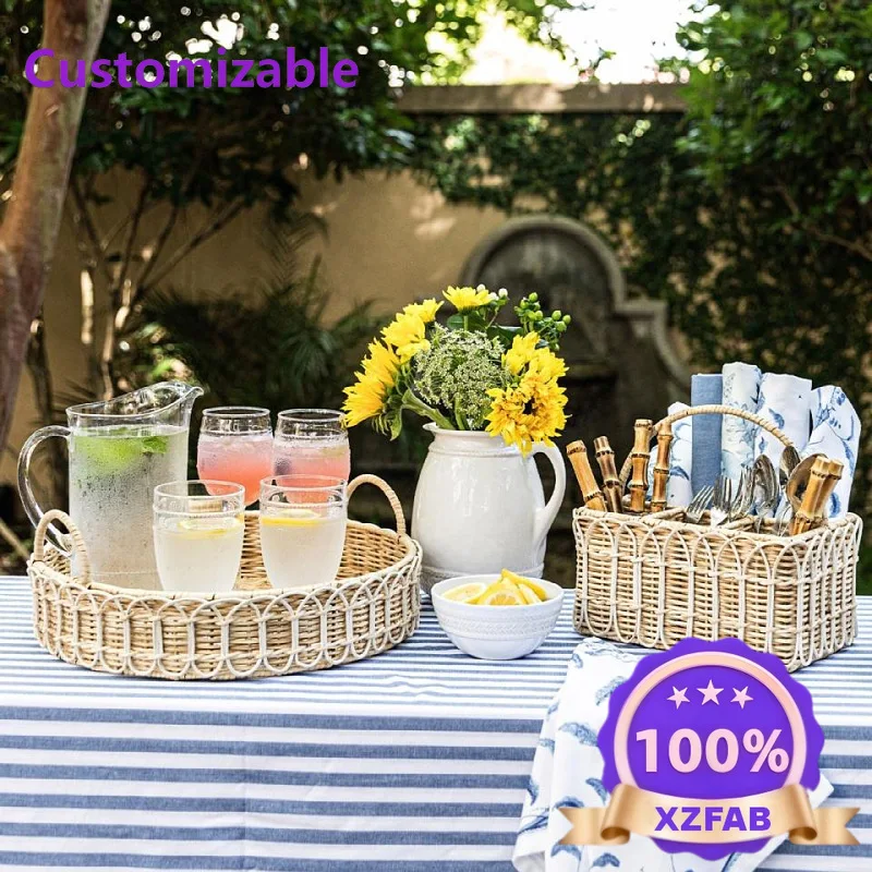 Factory Direct 2026 Cross-border rattan partition storage basket, kitchen restaurant tableware, fork, spoon,  storage basket