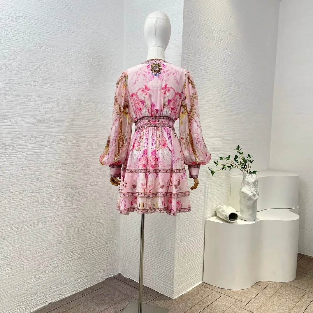 2024 Spring Pink Floral Print Diamonds Mini Dress