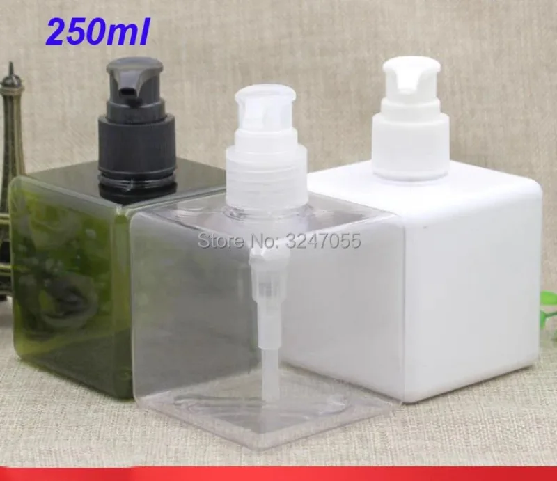 250ML White Plastic Square Shampoo Refillable Bottle,Portable Travel Body Lotion Pump Container,Olive Green Cosmetic TonerBottle