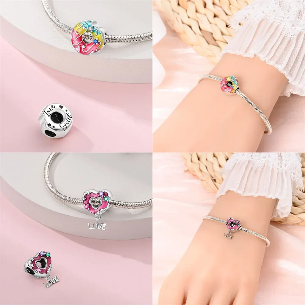 Abalorio de plata de ley 925 para mujer, accesorio de joyería con forma de fresa, corazón, donut, pizza, para fiesta