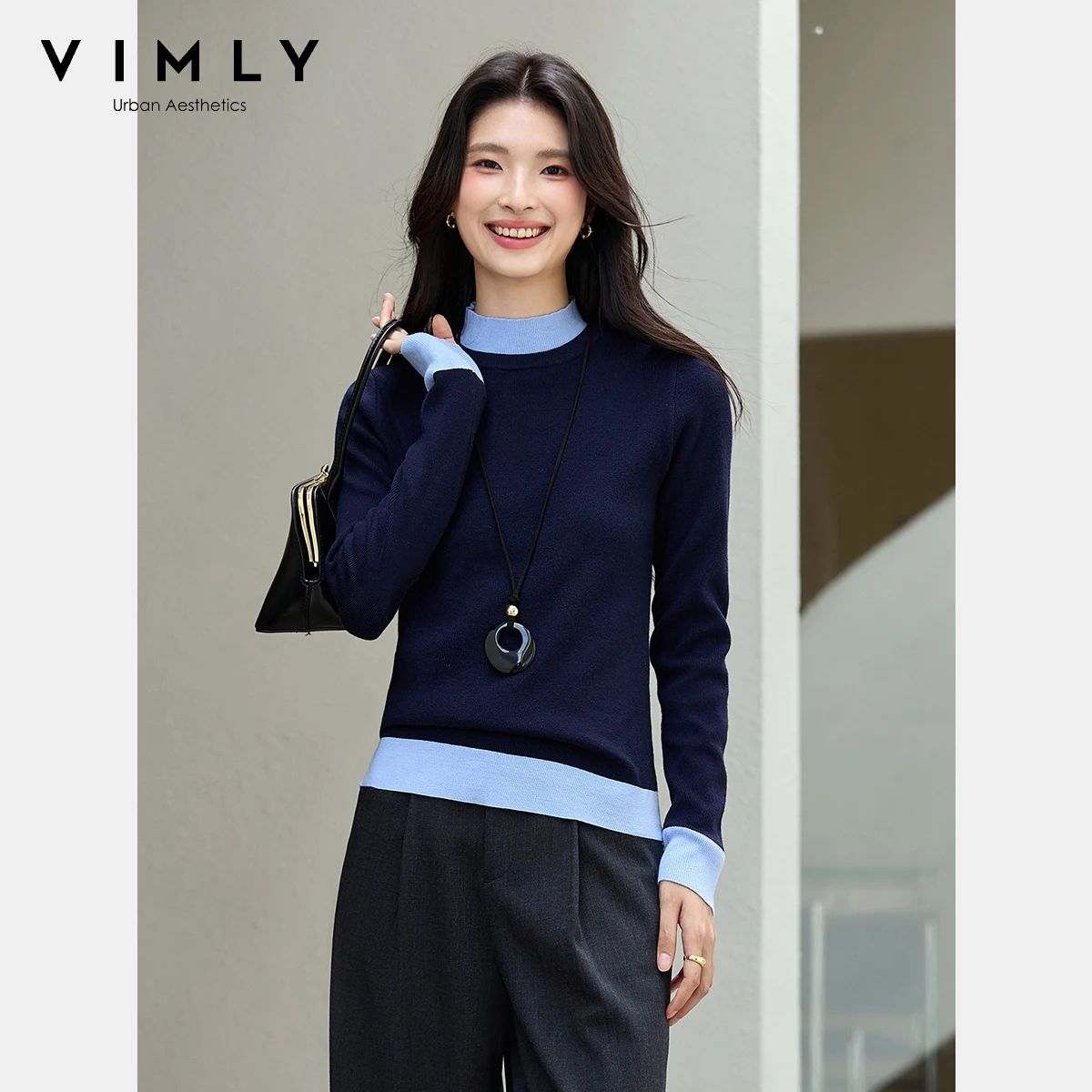 

VIMLY Navy Blue Pullover for Woman Casual Fall 2025 Turtleneck Knitted Sweaters Contrast Color Long Sleeve Ladies Jumpers 75227