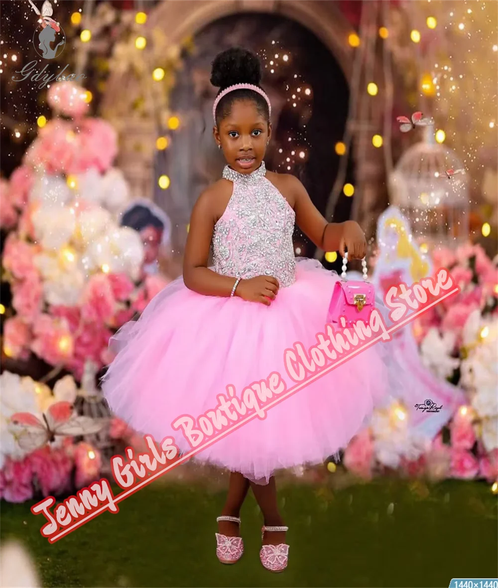 Neck 2025 Flower Girl Dresses Pink Beading Girls Birthday Party Baby Wed First Communion School Performances