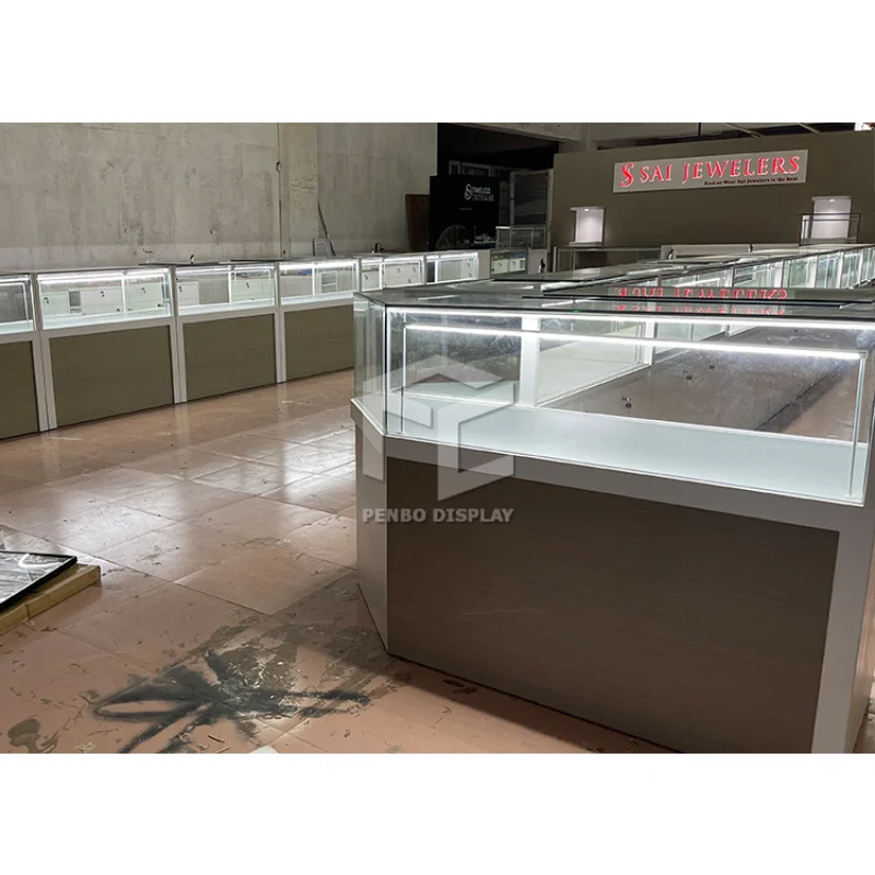 2025 맞춤형 화이트 유리 쥬얼리 쇼케이스 디스플레이 캐비닛, 조명 포함