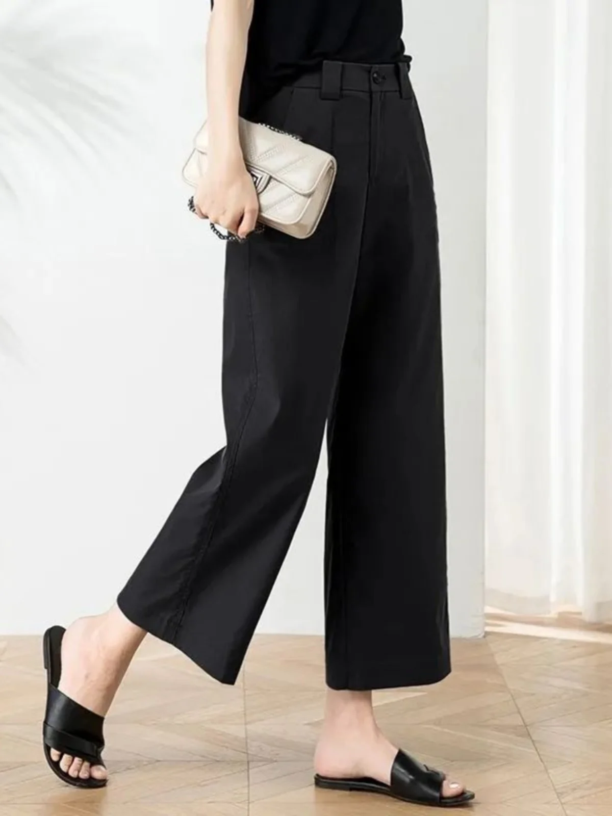 슬리밍 하이 웨이스트 와이드 레그 팬츠 9점 캐주얼 루즈 여성 여름 얇은 코튼 블렌드 스트레이트 컷 바지