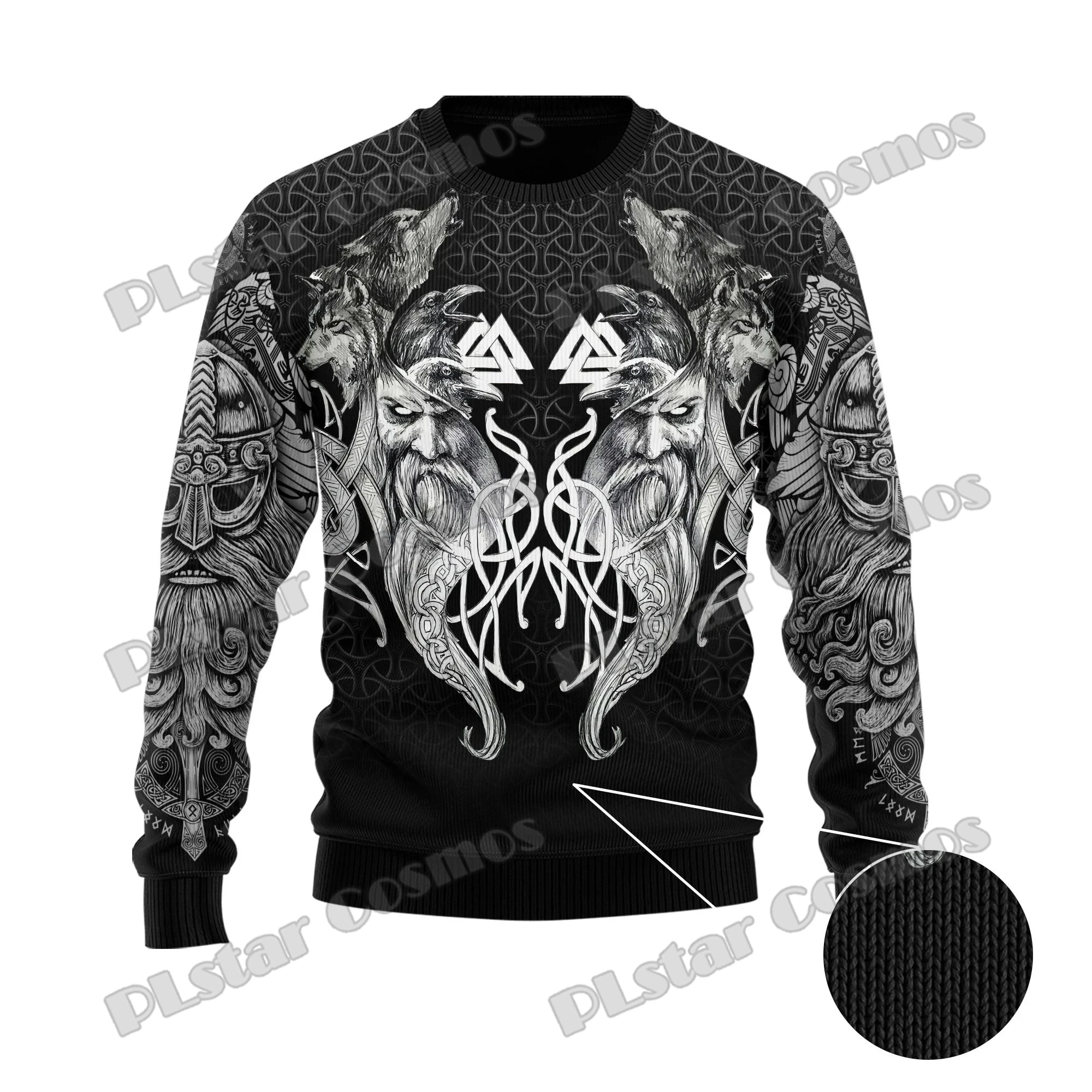 Wolf And Raven Tattoo Valknut 3D All Over Printed Men's Ugly Christmas Sweater Winter Unisex Casual Knit Pullover Sweater ZZM38