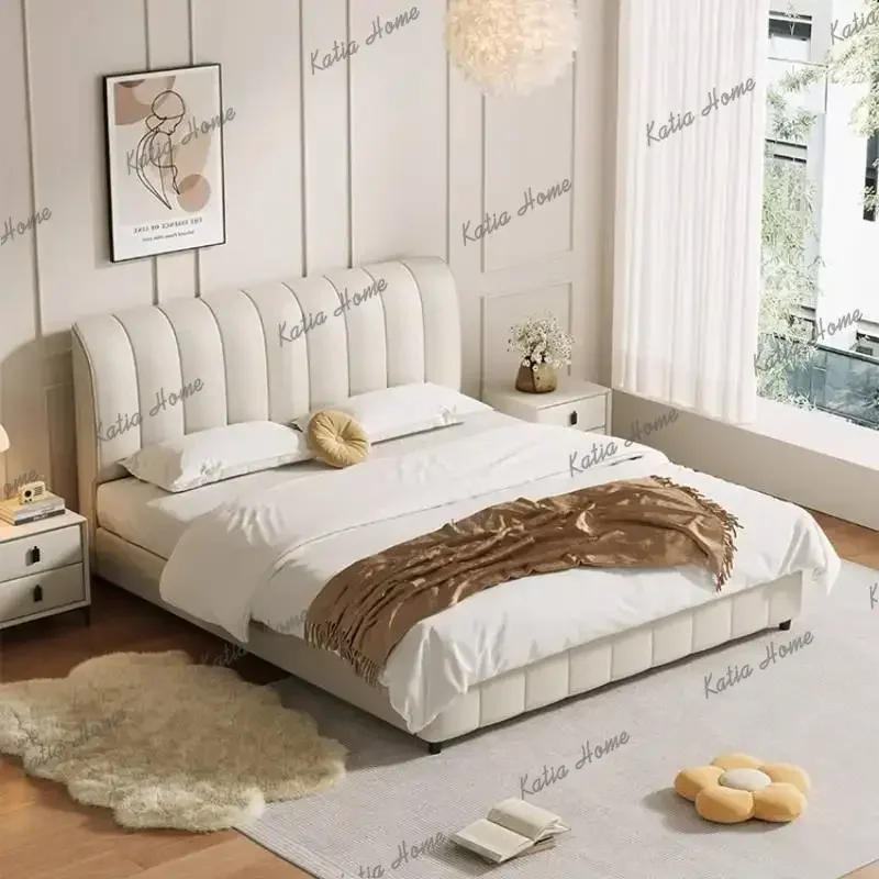 Best Sellers Minimalist Beige Design Double Bed European Unique Modern Wooden Floating Double Bed Frame Pliable Cama De Matrimon