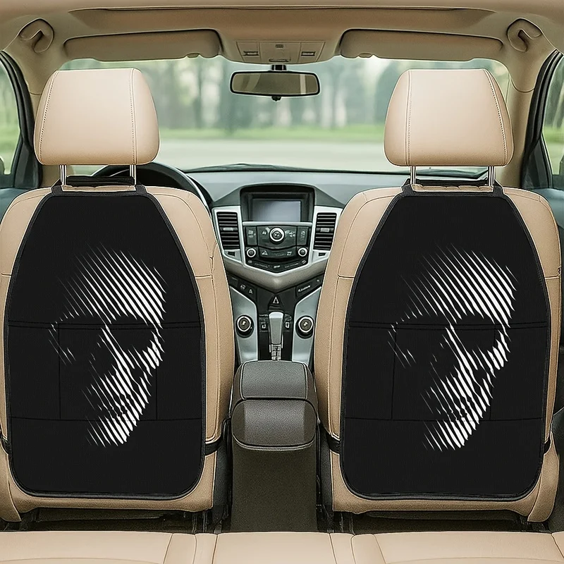 Unique Car Seat Back Covers With Storage Pockets | Distorted White Skull Print | Edgy Gothic Style