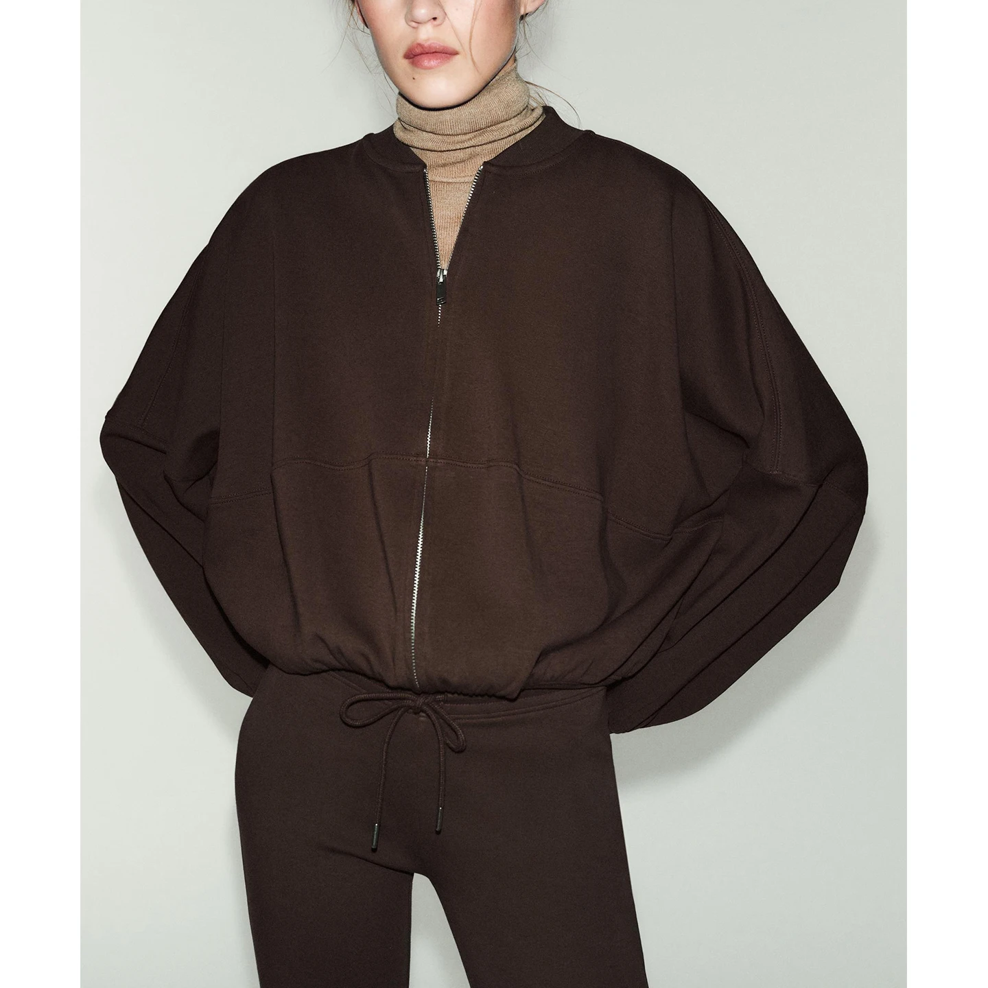 High Waist Belted Double-Faced Fabric Flared Pants And Pilot Jaet Combo Casual Sle Long Sve round Ne Faion Set for...