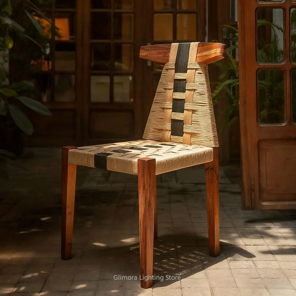 Vintage Woven Rattan Dining Chair with Solid Wood Frame, Artistic Backrest for Cafe Homestay & Restaurant