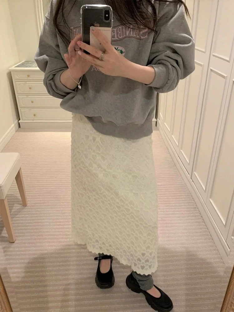 

Korean Sweet Heart Lace Elastic Waist Skirt Women's Autumn Versatile Slim A-Line Skirt ort Girls High Waist Skirt