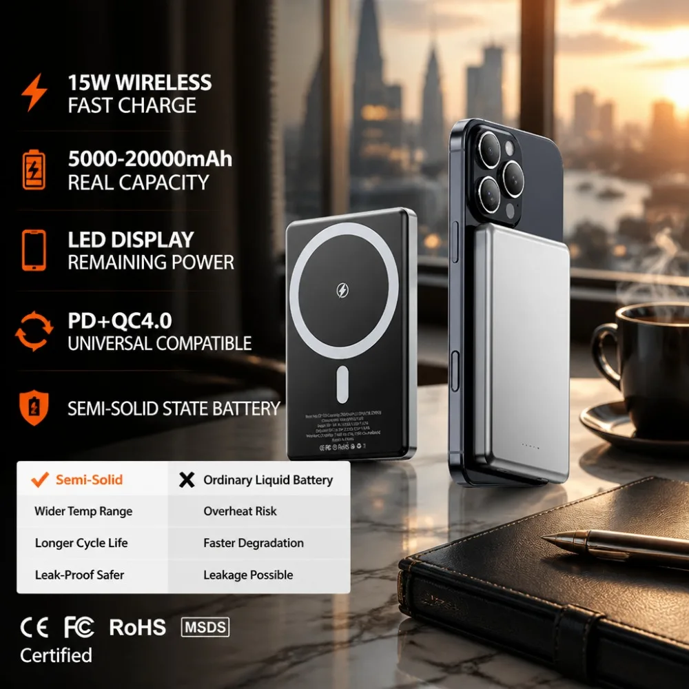 20000mAh Semi-Solid Magnetic Power Bank, 15W PD+Wireless Fast Charging LED Display Portable Charger for Samsung Xiaomi Huawei