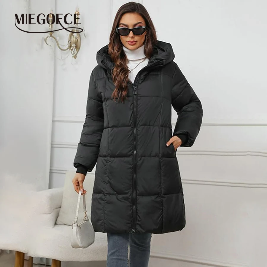 MIEGOFCE Long Quilted Jacket with Hoodie Zip Up Women Quilted Lightweight Jacket Puffer Windproof Coat Fall Winter Parka W1836