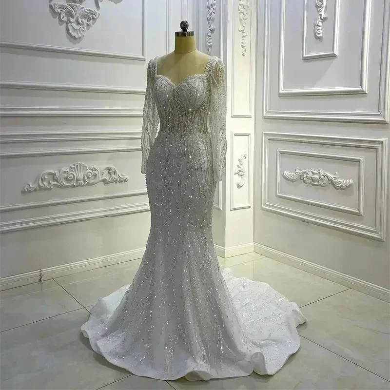 Customzied Luxury Glitter Modern Sweetheart Heavy Bead Rhinestone Mermaid Wedding Dress Overskirt Long Sleeves Bridal Gowns image 3