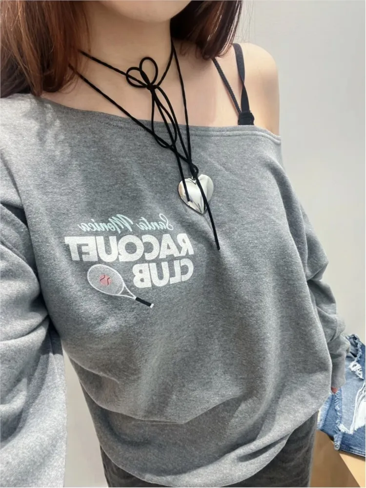 2024 Autumn New American Retro Pattern Print Loose Off Shoulder Long Sleeve Sweatshirt For Women Sporty Street Female Clothing