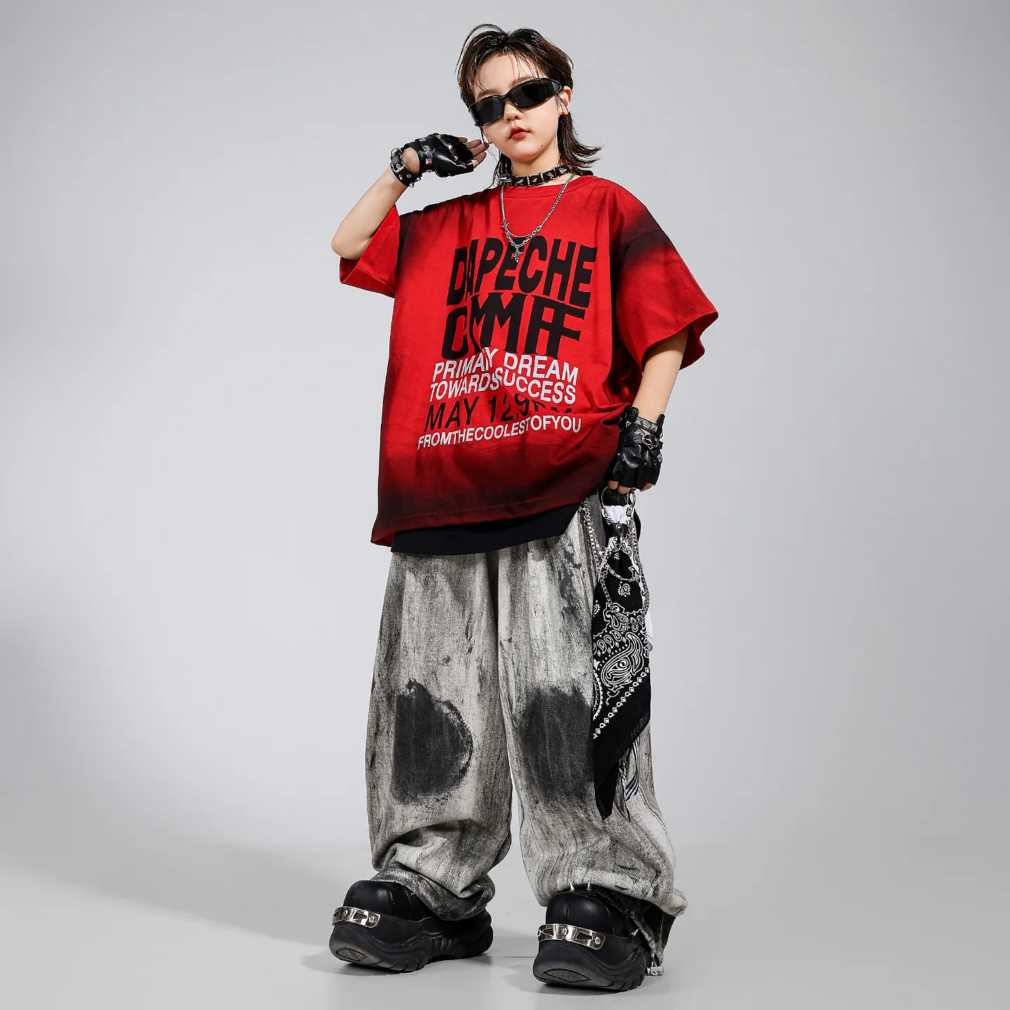 Ropa de Hip Hop Kpop para chico, camiseta con letras rojas, pantalones de pierna ancha informales pintados con aerosol para niña y niño, Ropa de baile, disfraces