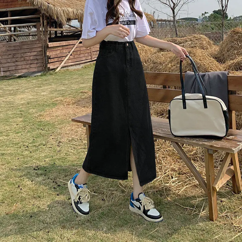 High Waist A-Line Mini Skirt Women's Denim Split Slimming Retro Blue Summer New Style Half-length Skirts Casual Korean Style
