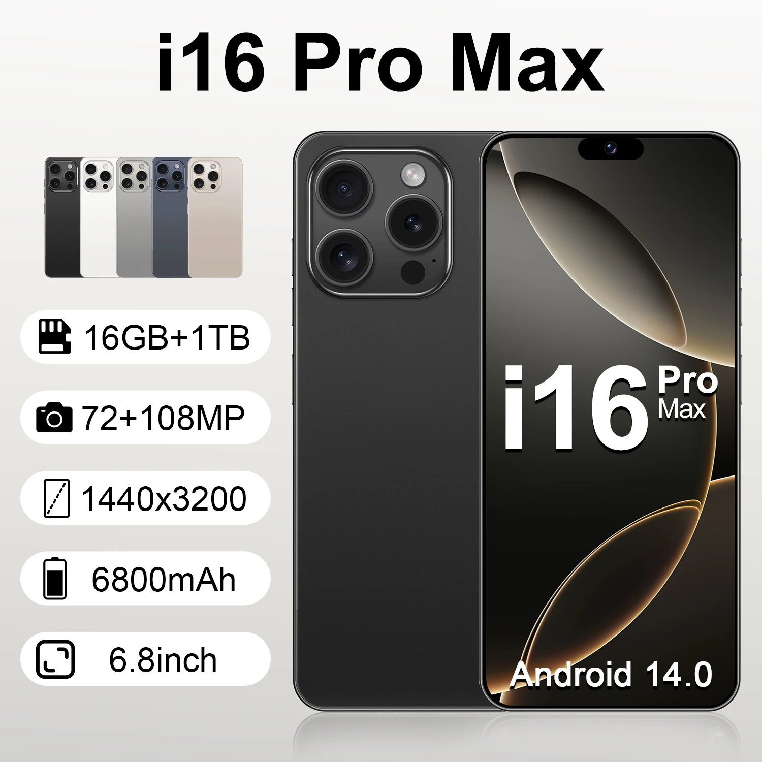 

New i16 Pro max 2025 Hot High Quality 6.8inch Global Version Smart Dual Card 6800mAh Battery Facial Recognition Function